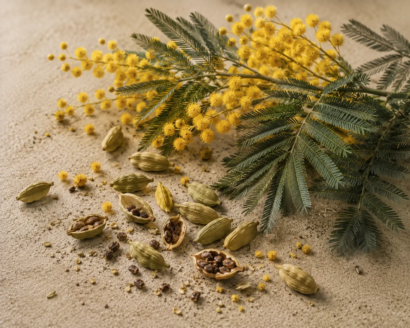 Wizualizacja nut zapachowych Mimosa & Cardamom - kwiaty mimozy i kardamon